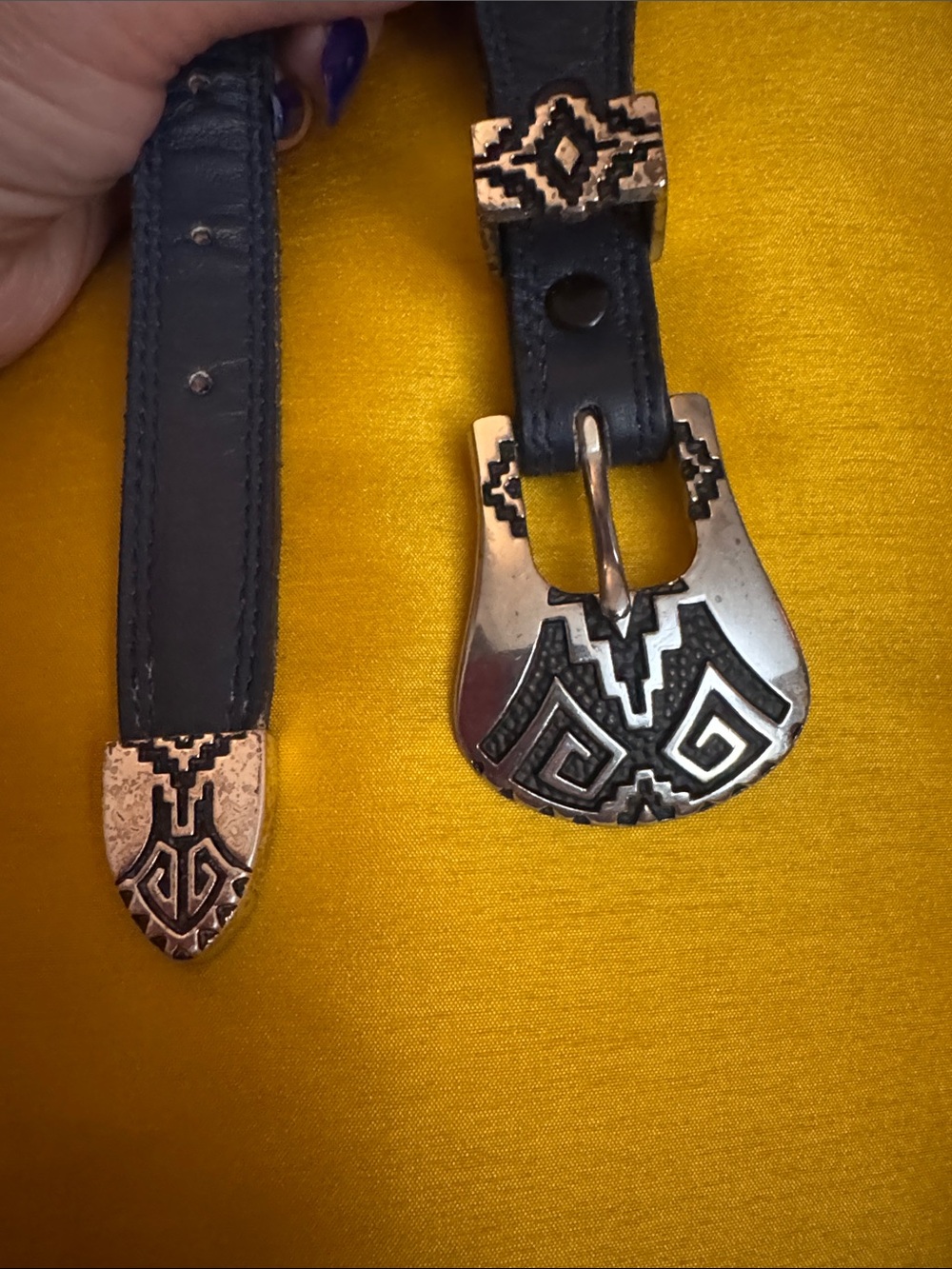 Black Leather Belt with Decorative Copper-Tone Western Buckle